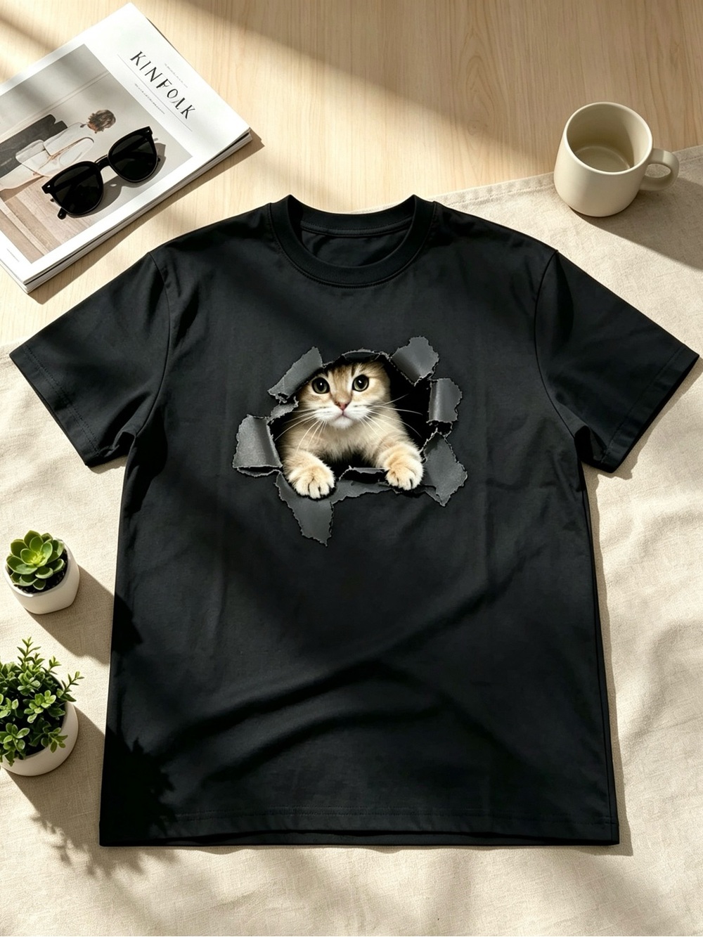 Men's Black Short-Sleeve Tee with Realistic Cat Peek Graphic